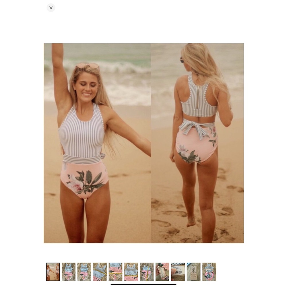 Albion Fit Mixed Media One Piece Swimsuit Striped Floral Cutout Back Pink Blue M